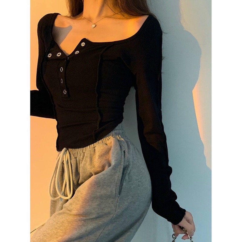 Áo croptop vạt bầu bút bấm tay dài cổ chỉ nổi - A5N