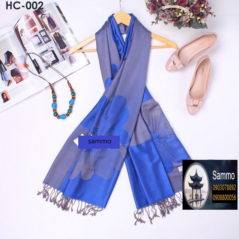 Khăn Choàng Cổ Lụa 2 Mặt Pashmina Màu Xanh Dương