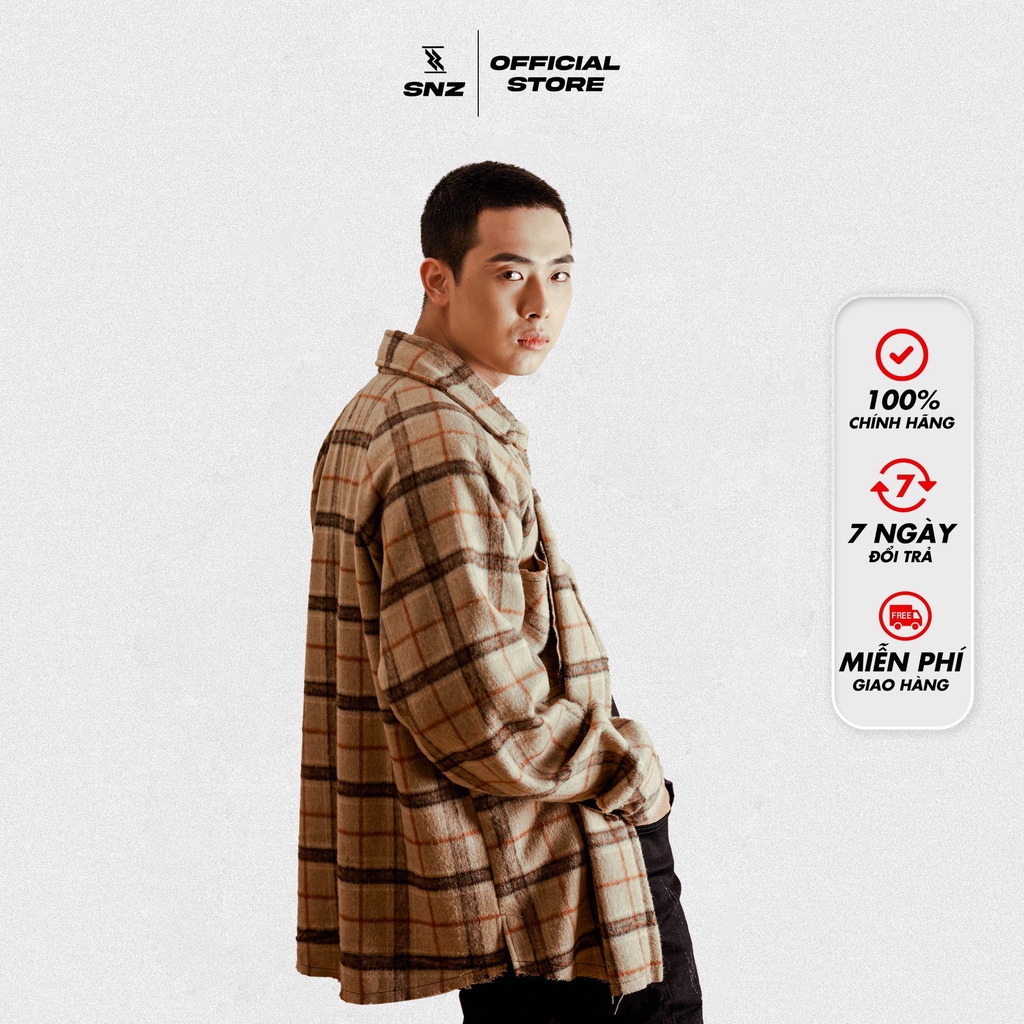 ▤Áo sơ mi nam vải dạ form rộng dày dặn tay dài phong cách SNAZZY WOOL FLANNEL