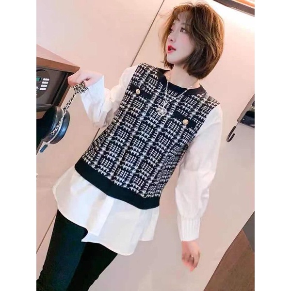 Áo len phối sơ mi nữ