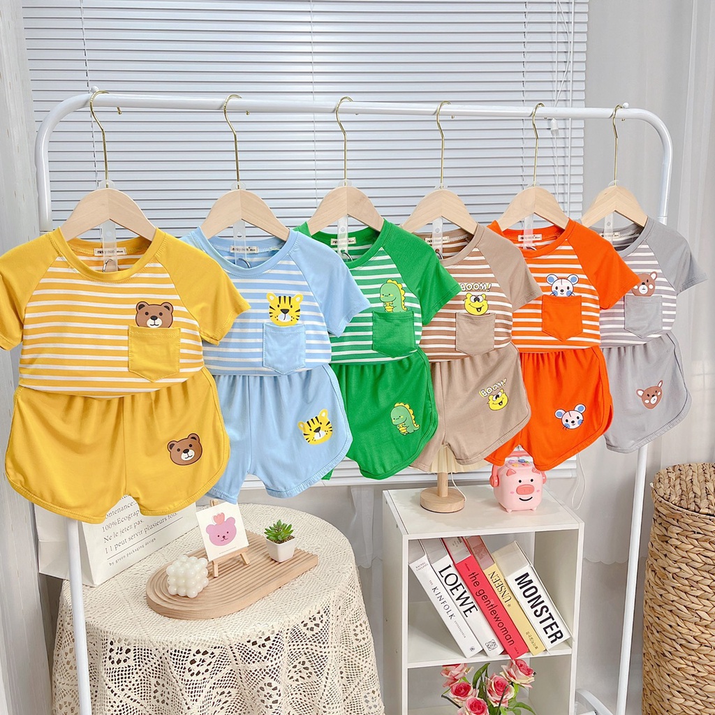 Bộ quần áo Minky Mom thun lạnh tay ngắn size 8-28kg họa tiết sọc túi hình thú cho bé trai bé gái - Voi kids shop