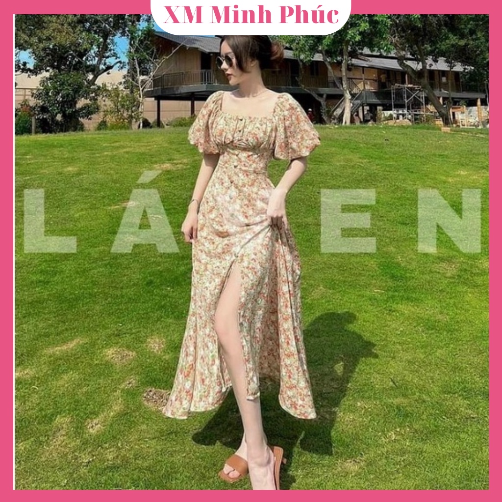 Váy Nữ Dự Tiệc,đầm Lụa Xòe Hoa Cúc Nhí Thiết Kế Cổ Vuông Tay Phồng Ôm Dáng Body Điệu Đà Sang Chảnh Thời Trang [xm Minh P