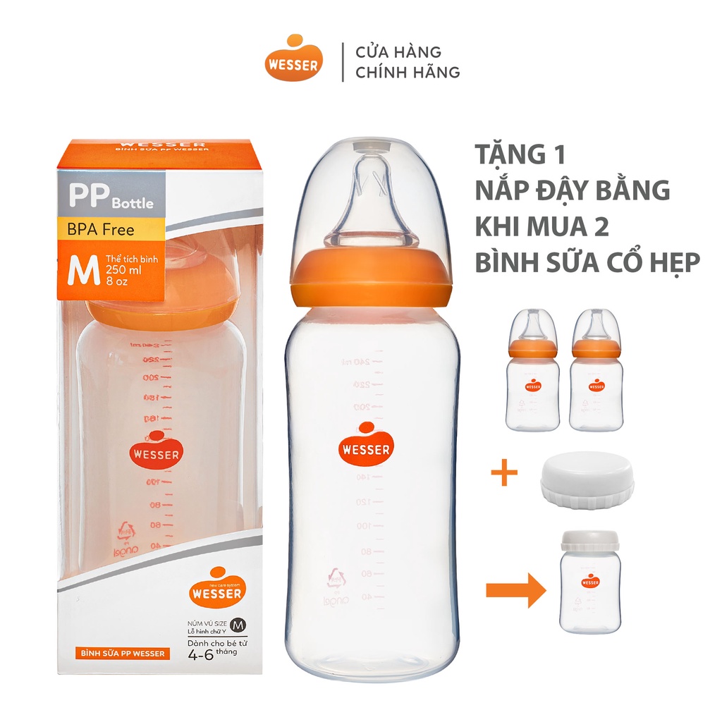 ( TẶNG KÈM NẮP CỔ HẸP KHI MUA TỪ 2 BÌNH ) - Bình sữa Wesser PP (cổ hẹp) 250ml - KHÔNG VAN CHỐNG SẶC