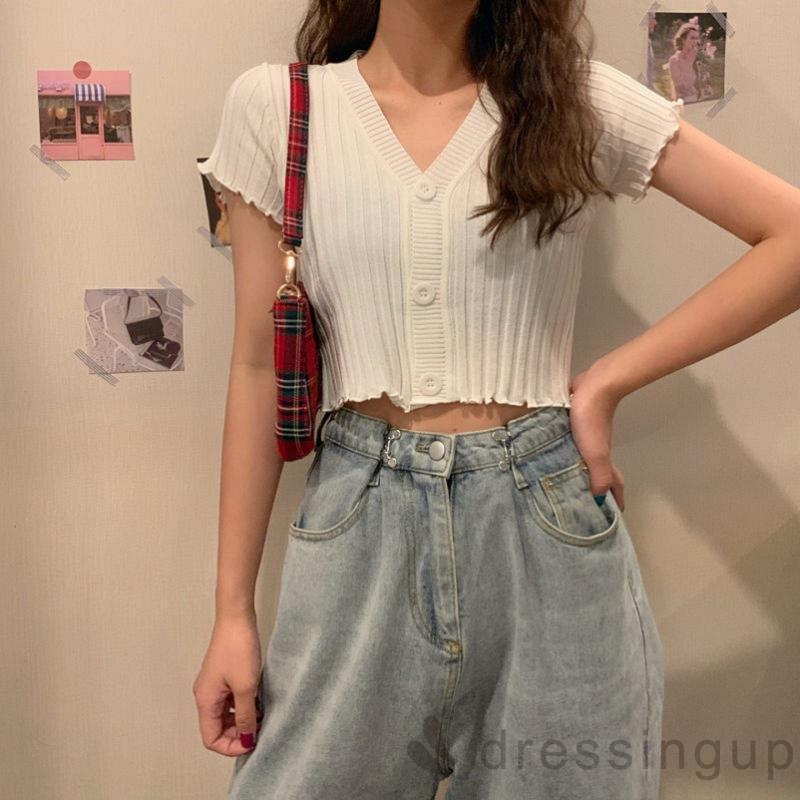 Áo Dệt Kim Tay Ngắn Cổ Chữ V Màu Trơn Kiểu Dáng Hợp Thời Trang Xinh Xắn Cho Nữ