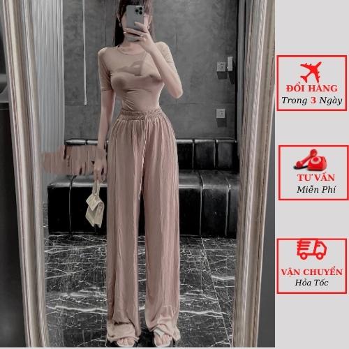 Set áo thun croptop nữ dáng ôm body kèm quần suông ống rộng đi biển ulzzang Hàn Quốc