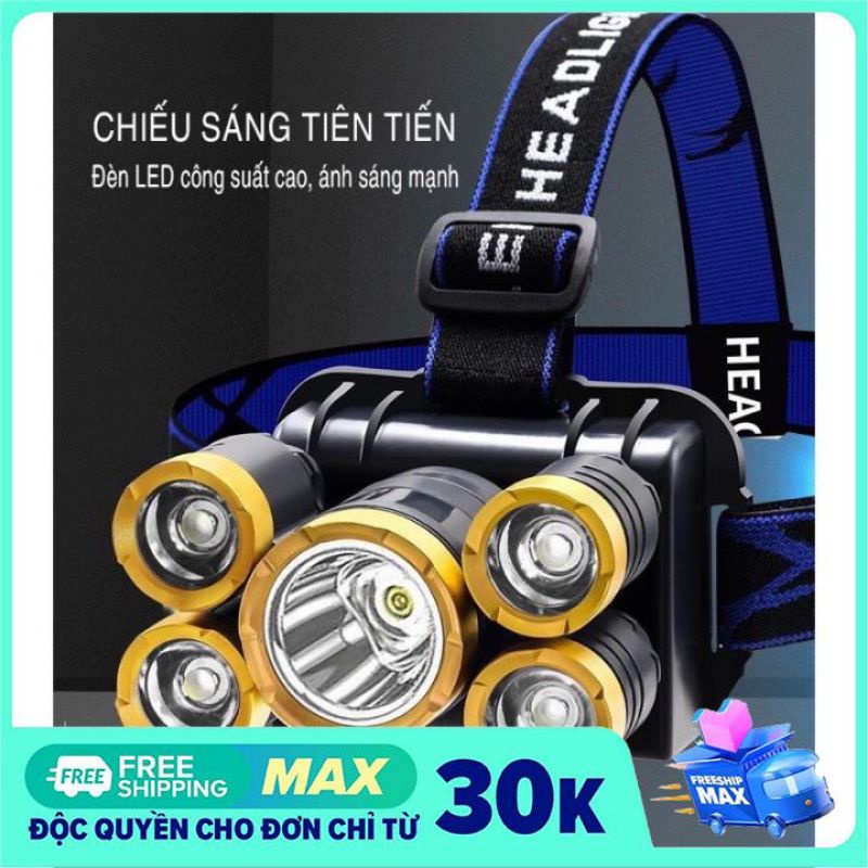 Đèn Pin Siêu Sáng Đội Đầu 5 Mắt Kiểu Mới Bóng To Chống Thấm Nước