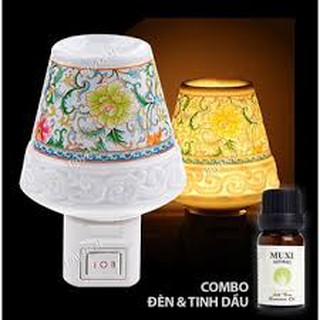 Combo đèn ngủ gốm sứ và chai tinh dầu - xông hương tinh dầu -