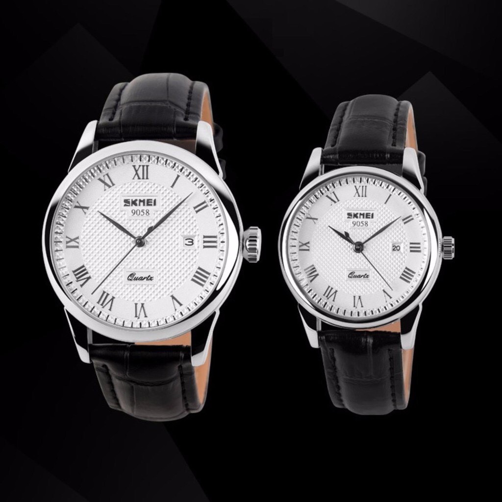 [Tặng vòng tay] Đồng hồ đôi SKMEI chính hãng SK9058 dây da chống nước cao cấp
