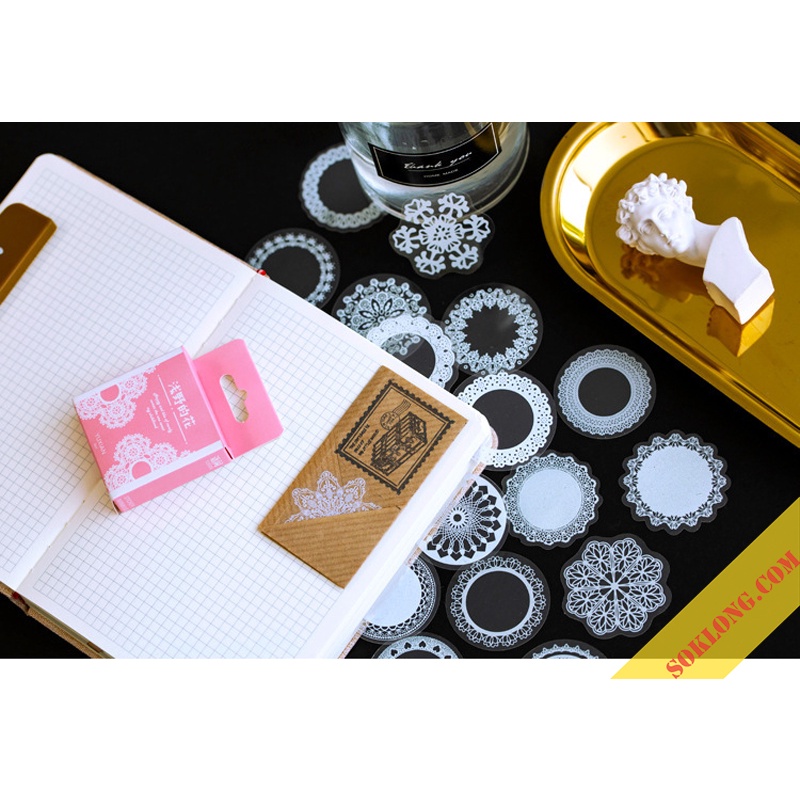 Hộp 50 sticker ren vintage/ hành tinh STI07, sticker trong suốt trang trí bullet journal, album