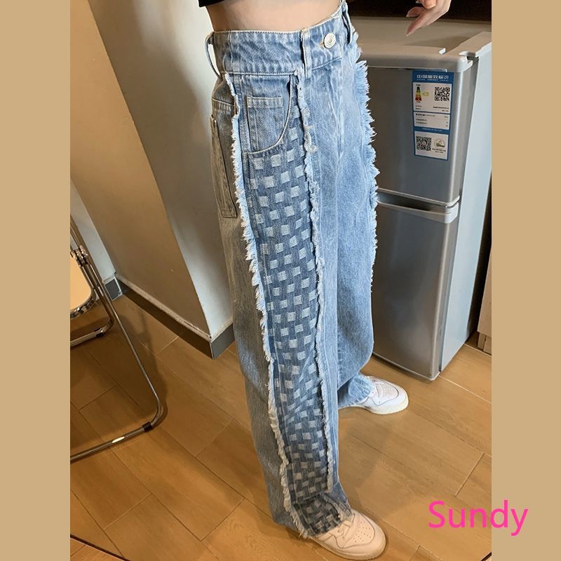 Quần Jean Dài Lưng Cao Ống Đứng Phối Họa Tiết Caro Thời Trang Mùa Thu Phong Cách Hàn Quốc Cho Nữ