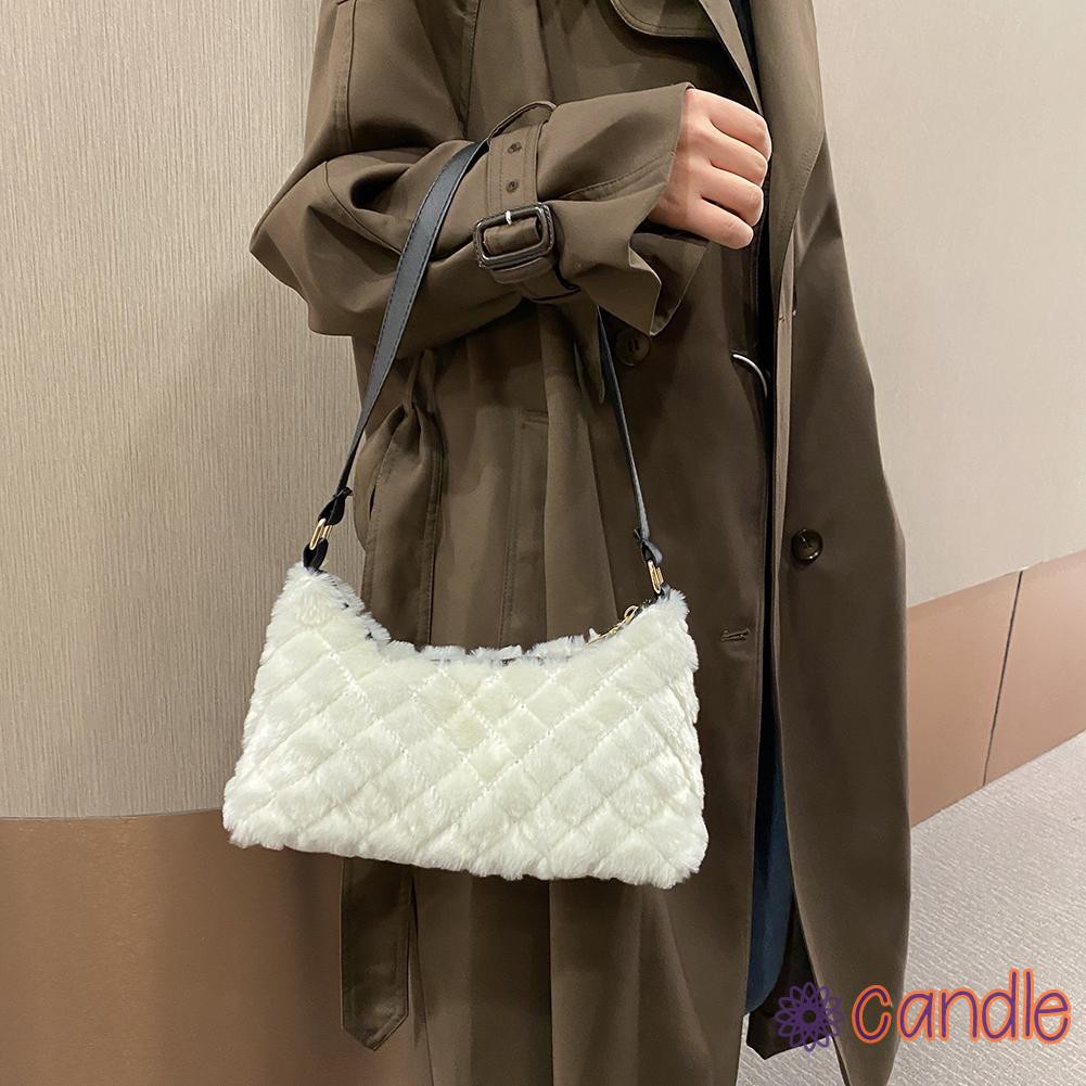 【COD】Casual Lattice Print Underarm Bag Retro Solid Plush Women Shoulder Handbag