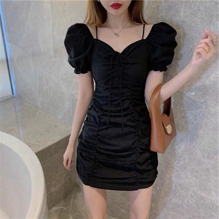 Femininechic Mới Thời Trang Nữ Quần Áo Cho Nữ Smocking Có Dây Đeo Đầm Puff Tay Nữ Vỏ Đầm