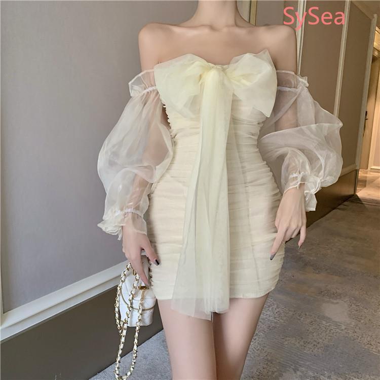 Đầm tay dài phối lưới đính nơ phong cách Pháp cho nữ