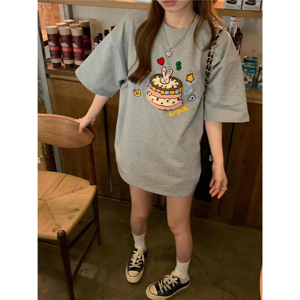Áo Thun Nữ Ngắn Tay Dáng Rộng Thêu Hình Bánh Kem Phong Cách retro
