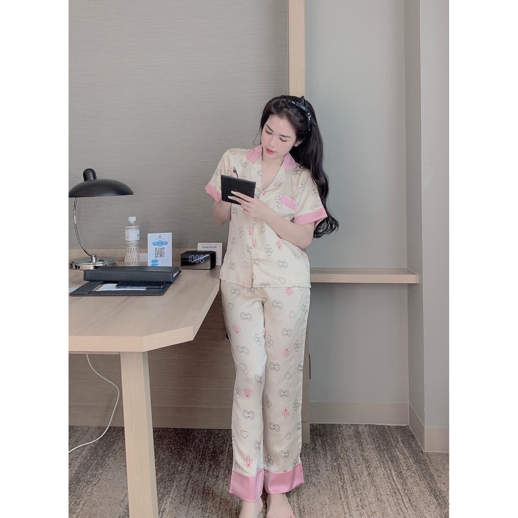 Đồ Bộ Pijama Lụa Tay Ngắn Quần Dài 🔥FREESHIP🔥 Bộ Mặc Ở Nhà Quần Dài Họa Tiết Sang Chảnh BN9.1