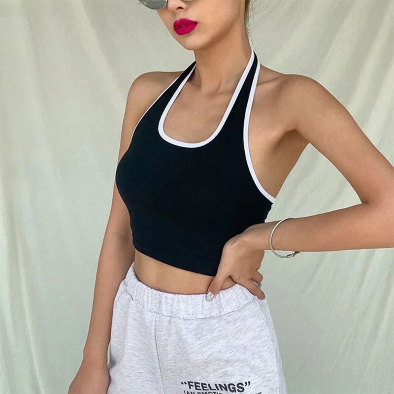 Áo Croptop Không Tay Cổ Chữ U Khoét Sâu Hở Lưng Màu Sắc Tương Phản Thời Trang Mùa Hè Quyến Rũ Cho Nữ