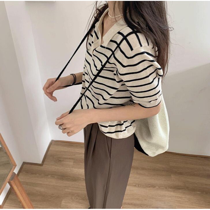 Áo polo tay ngắn họa tiết sọc ngang phong cách Hàn Quốc trẻ trung cho nữ | BigBuy360 - bigbuy360.vn