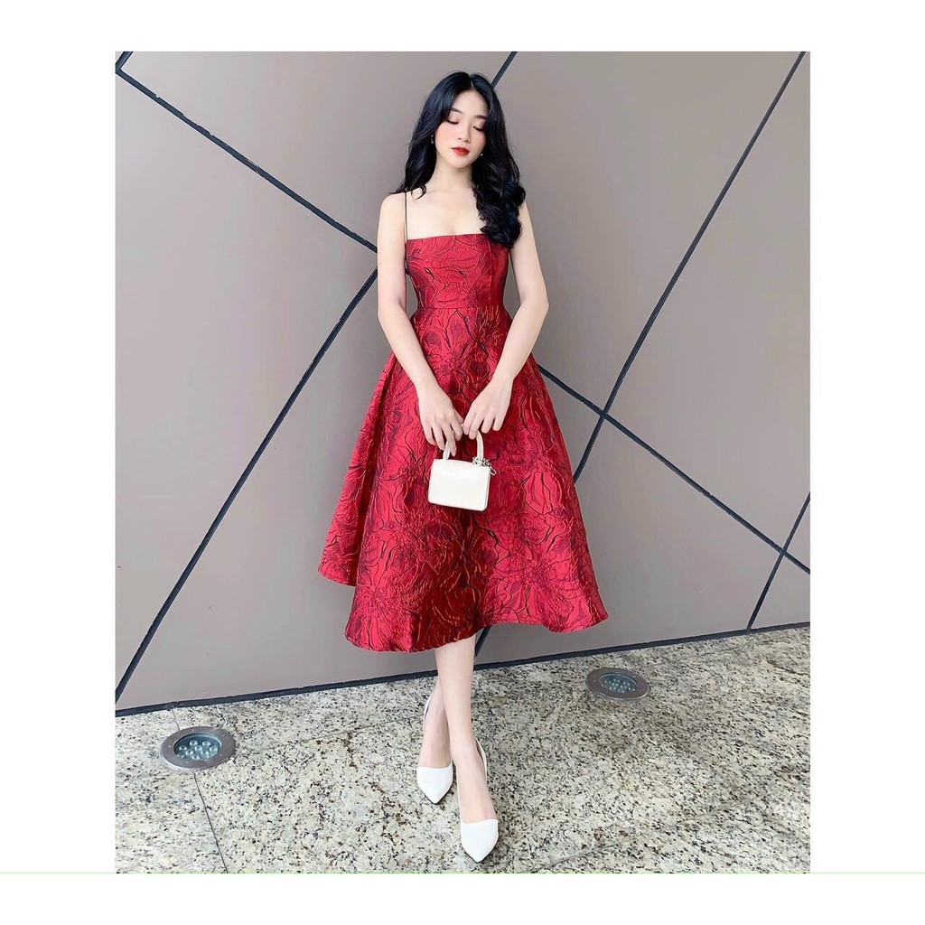 Đầm dự tiệc cổ vuông 2 dây dáng xòe chất gấm hoa cao cấp Vavi Dress