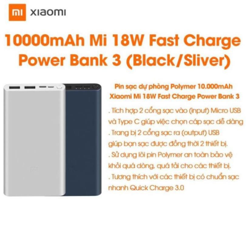 Pin sạc dự phòng Xiaomi Mi Gen 3 10000 mAh 18W - Hỗ trợ sạc nhanh (Đen, Bạc) - Hàng chính hãng - Bảo hành 6 tháng
