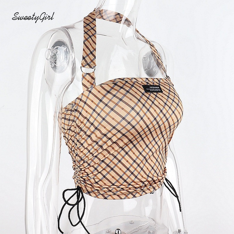 Áo tank top dây rút hở lưng họa tiết sọc caro thời trang cho nữ