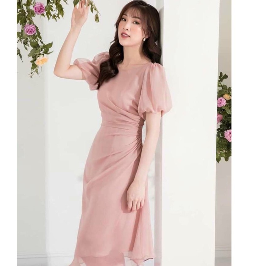 Váy trắng hồng dự tiệc đầm đẹp thiết kế hồng tay phồng nhún eo váy nữ đi ăn tiệc cưới K N Boutique