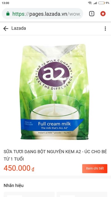 2 túi SỮA BỘT A2 NGUYÊN KEM 1KG