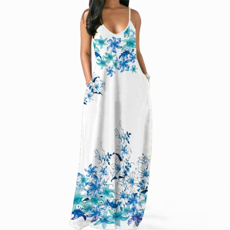 Đầm Dài Maxi Hai Dây Cổ Chữ V Gợi Cảm In Họa Tiết Hoa Có Túi Phong Cách Boho Cho Nữ