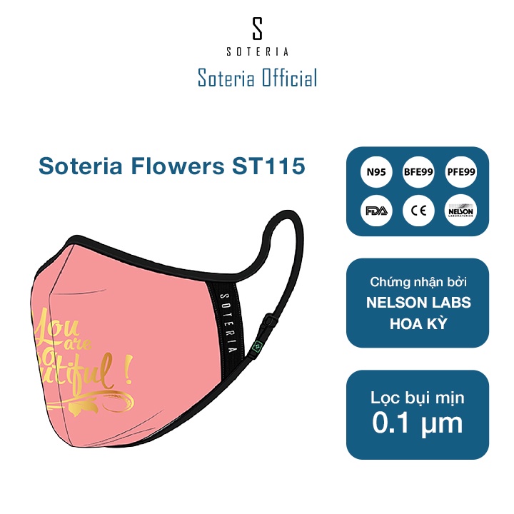 Khẩu trang tiêu chuẩn Quốc Tế SOTERIA Flowers ST115 - Bộ lọc N95 BFE PFE 99 lọc đến 99% bụi mịn 0.1 micro- Size S,M,L