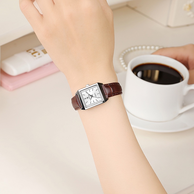 Đồng Hồ Đeo Tay WWOOR Mặt Vuông Dây Da Nâu Reloj Mujer-8850 Thời Trang Cho Nữ-8850