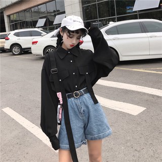 Áo sơ mi nữ tay dài cá tính màu đen túi áo giả ulzzang