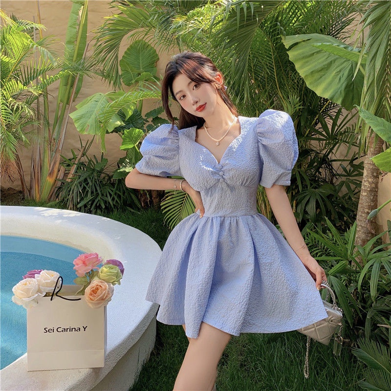 Đầm Tay Phồng Cổ Chữ V Chất Liệu Cotton Màu Trắng Thời Trang Mùa Hè Phong Cách Retro Kiểu Pháp Mới Cho Nữ