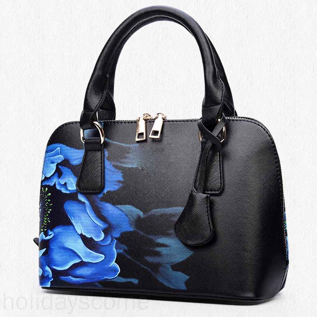 Floral Printed Women Girl Double Zipper PU Single-shoulder Bags Handbag 4 Rivets Bottom Crossbody Messenger Bags holidayscome