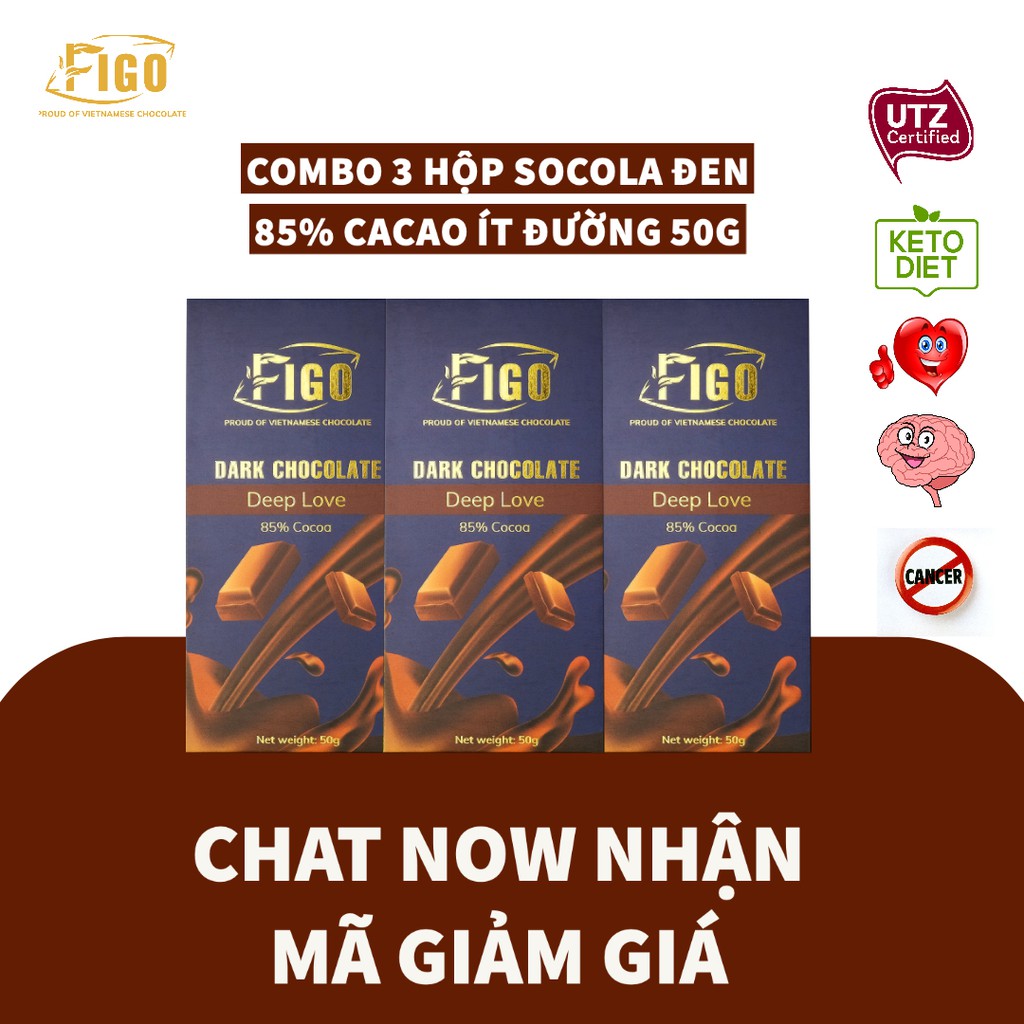 [COMBO 3 HỘP] Dark Chocolate 85% cacao less sugar 50g Figo