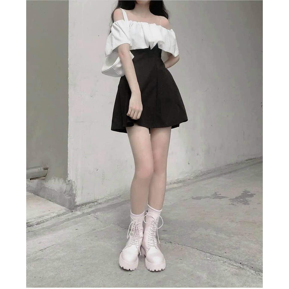 Váy Trễ Vai Phối Ngực Trắng PEONYB Nữ  🌸 Đầm body chữ A đen hở vai, tay bồng tiểu thư bánh bèo Ulzzang HOT 🌸