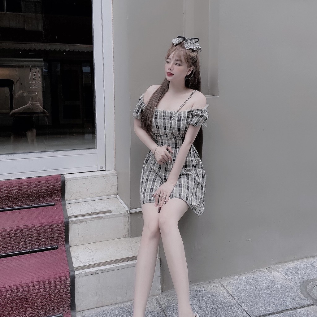 Váy Đầm kẻ caro trễ vai -mã A009-Thời trang thiết kế | BigBuy360 - bigbuy360.vn