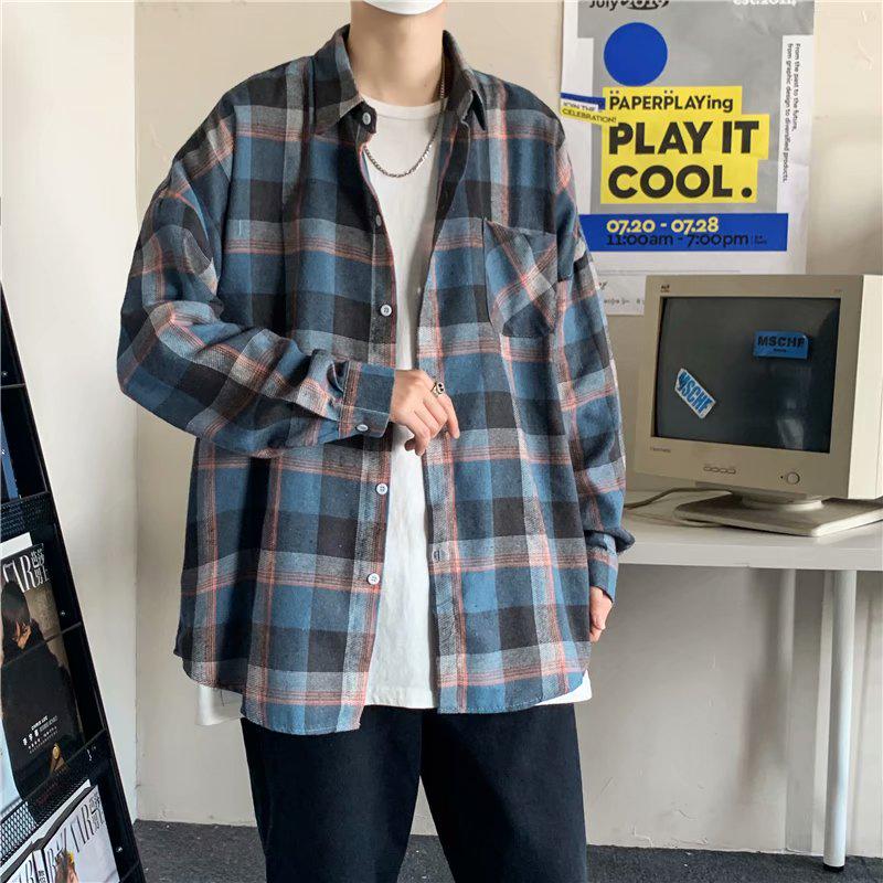 Men Long Sleeve Shirts Turn-down Collar Unisex Large Size Plaid Tops Korean Style Vintage Loose Shirt Students All-match Chic New Cotton Clothes Men's Fashion Jacket