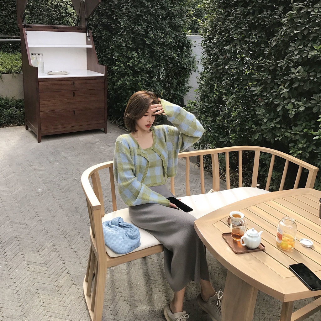 Set Áo Khoác Cardigan + Áo Hai Dây Dệt Kim Màu Sắc Tương Phản Thời Trang Cho Nữ | BigBuy360 - bigbuy360.vn