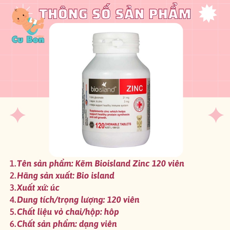 Kẽm Bioisland Zinc 120 viên nhai Bổ sung Kẽm cho bé từ 1 tuổi của úc tốt cho hệ tiêu hoá ăn ngon tăng cường miễn dịch