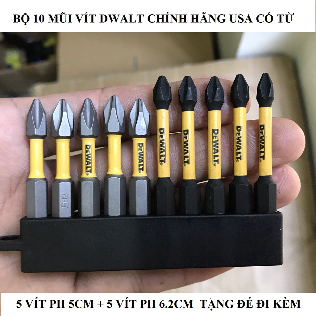 Bộ 10 Mũi Vít Dewalt PH2 Hàng Nhập Mỹ Tặng đế gắn vít