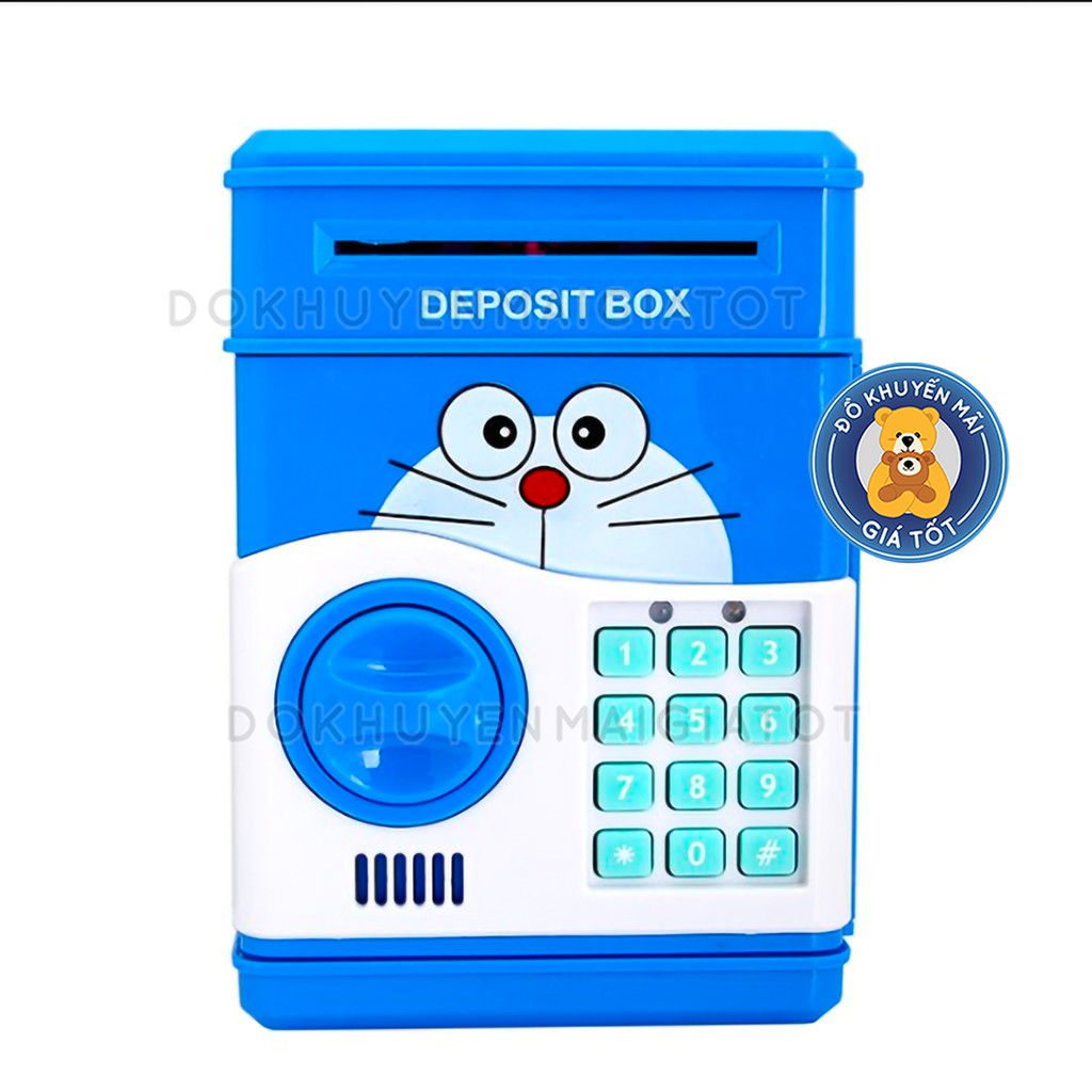 Két sắt mini thông minh / ống heo cho bé có mật mã hình mèo máy màu xanh dương tặng kèm 3 viên pin AA