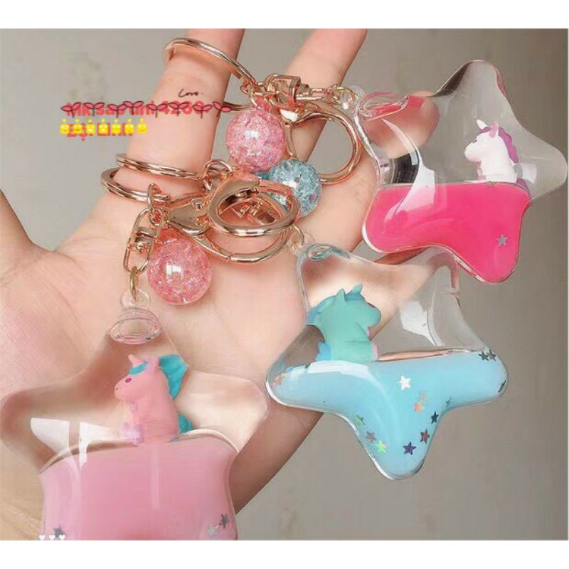 Móc khóa kim tuyến nước mẫu ngôi sao unicorn/chai khủng long/que kem