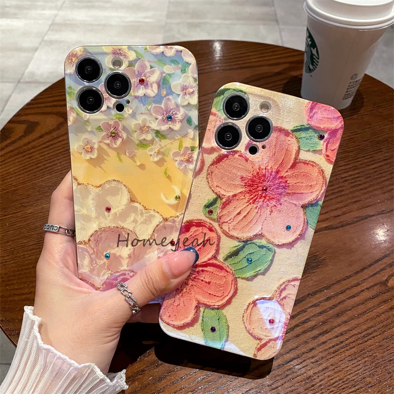 Ốp Điện Thoại Mềm Bo Viền Họa Tiết Tranh Sơn Dầu Đính Đá Blu-ray Cho iPhone 11 12 13 Pro Max X XR Xs Max