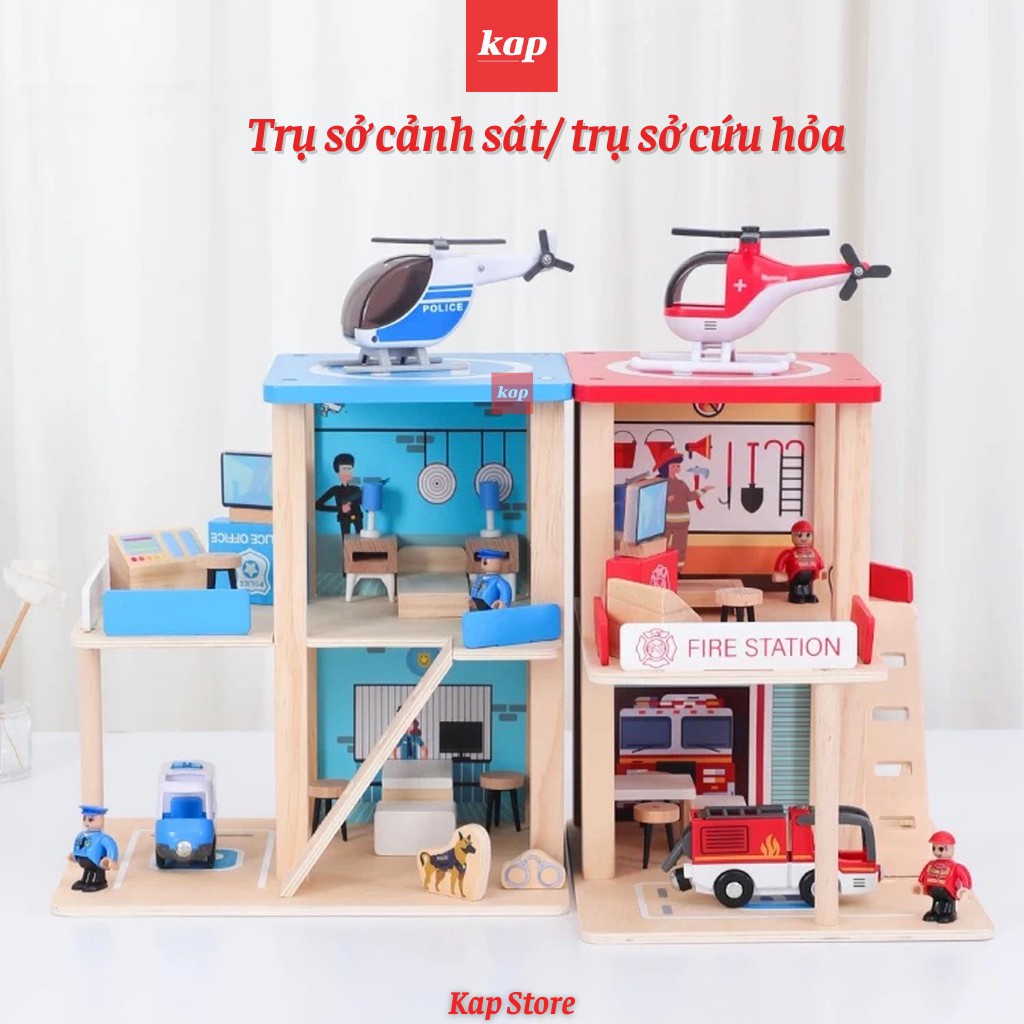 Bộ đồ chơi Trụ sỡ cảnh sát, trụ sở cứu hỏa, có thể chơi cùng với mô hình đường ray xe lửa gỗ