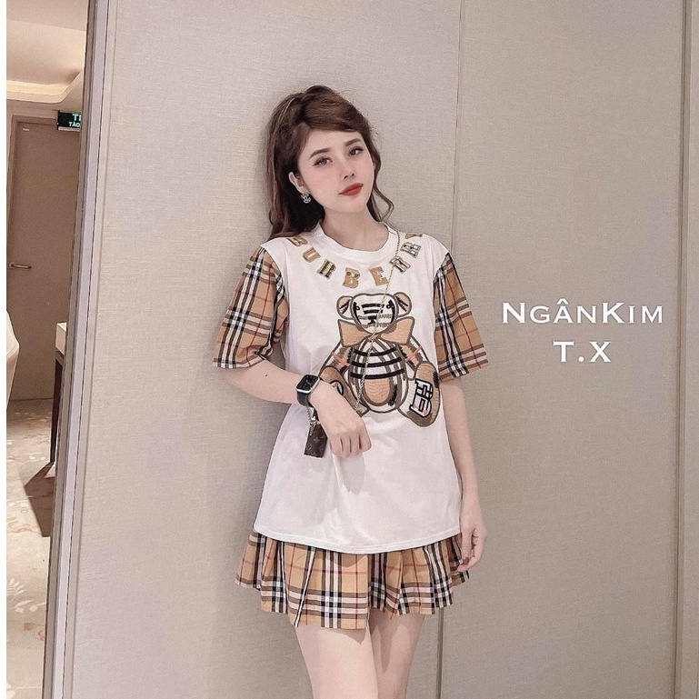 Set chân váy gấu bbr thêu chữ chân váy ngắn xếp li NN475