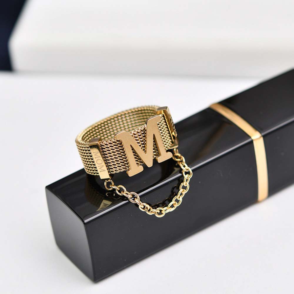 Nhẫn Thép Titan Khắc Chữ M Phối Dây Xích Thời Trang Phong Cách Punk Hàn Quốc