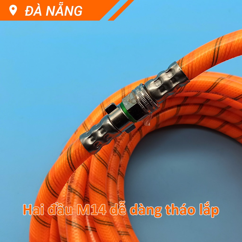 Dây rửa xe vằn 5 lớp áp lực 27MPa Ø8.5mm dài 20m hai đầu ren nhỏ M14 trong ngoài