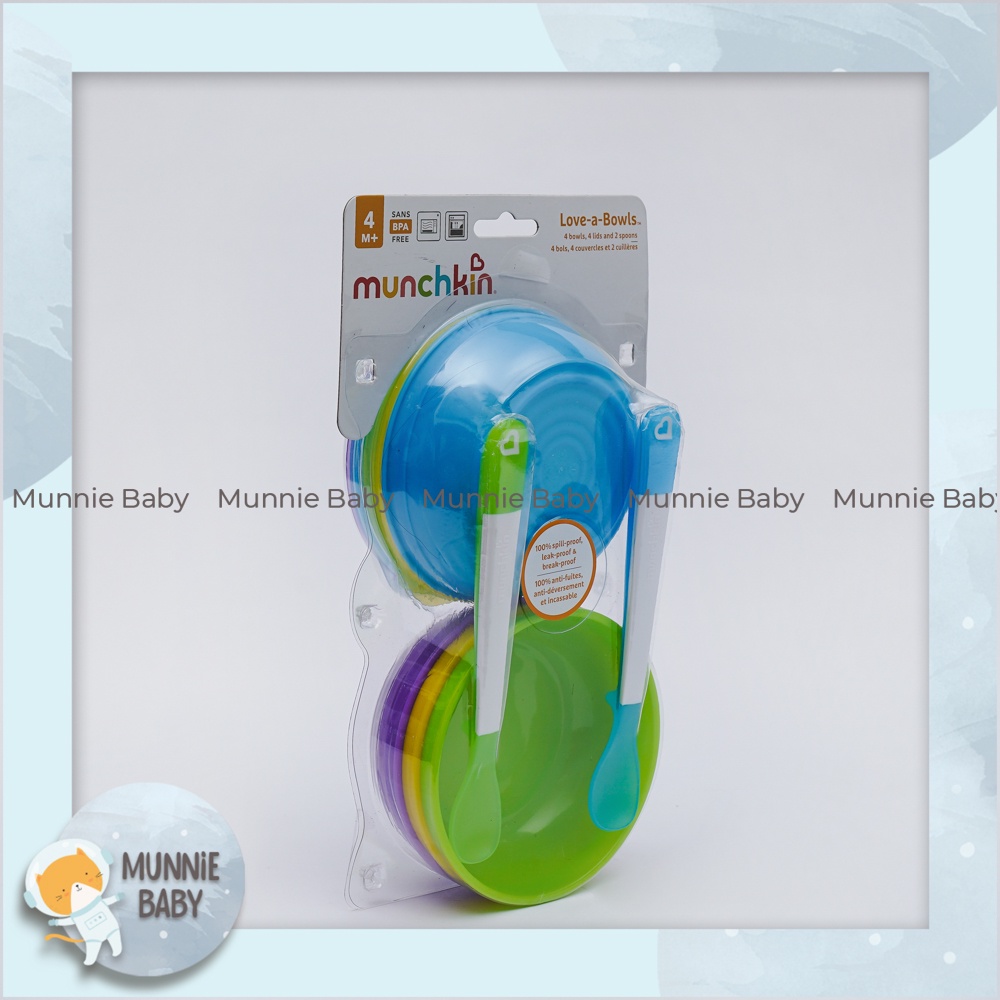 Bộ 4 chén 2 muỗng có nắp đậy Munchkin - chén/bát ăn dặm