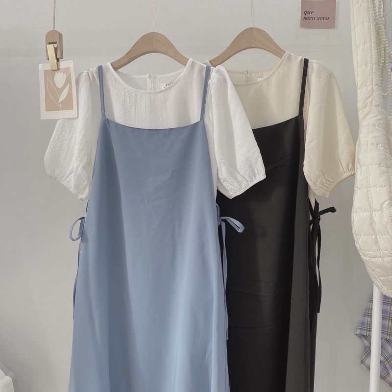 Set váy yếm 2s  dáng dài kèm áo sơ mi cộc tay chất xốp Ulzzang Vintage 2022