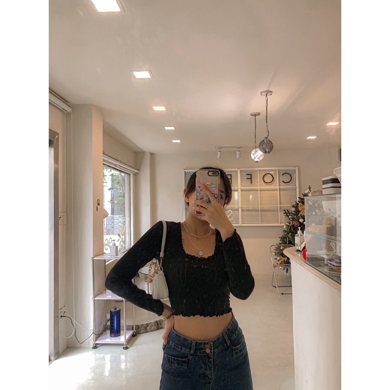 Áo croptop cổ U viền ren tay dài🌵Kèm hình thật🌵Siêu xinh, chất vải rất mềm và dày, siêu đẹp | BigBuy360 - bigbuy360.vn