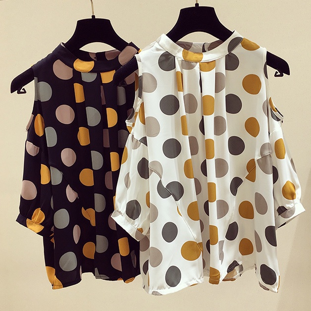 Áo Sơ Mi chiffon Hở Vai Dáng Rộng Họa Tiết Chấm Bi Nhiều Màu Sắc / Trắng / Đen Phong Cách Hàn Quốc Cho Nữ size m-3xl